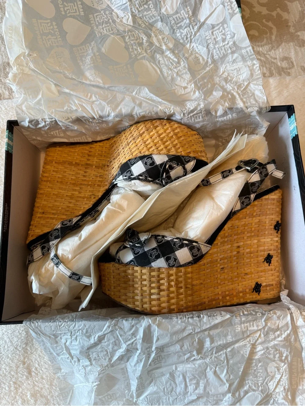 Harajuku Lovers Black & White Check Bow Wedge Sandals